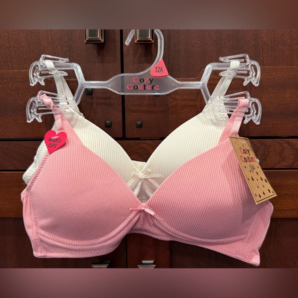 Cozy Couture Girls Tween NWT Sz 32A Pink & White Padded Ribbed Bra Set (I045)